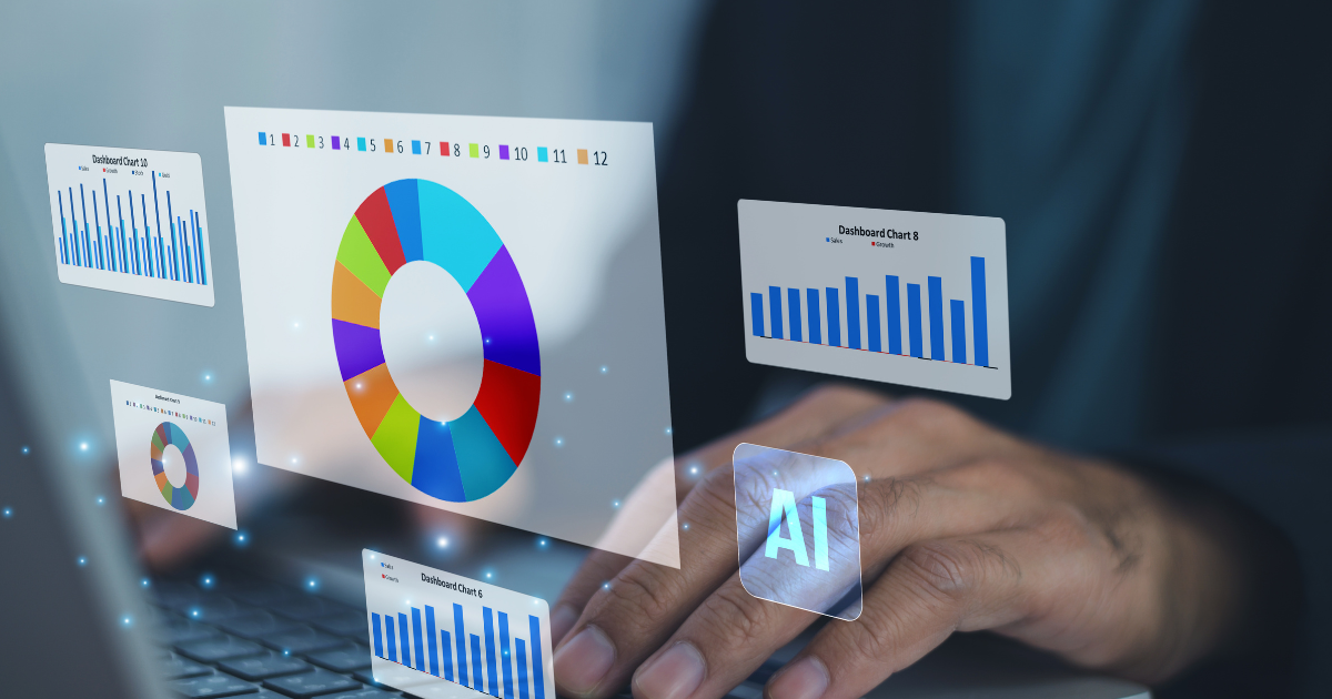 Painel com vários gráficos de dashboard sobrepostos a uma pessoa digitando em um notebook
