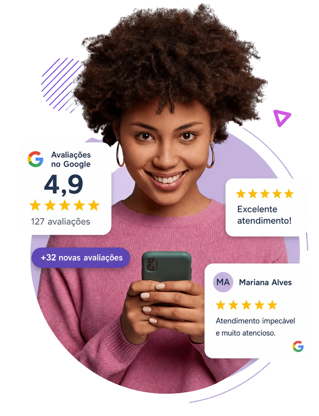 Widget do Review Manager mostrando nota 4,9 no Google, 127 avaliações e depoimentos reais de clientes exibidos no site